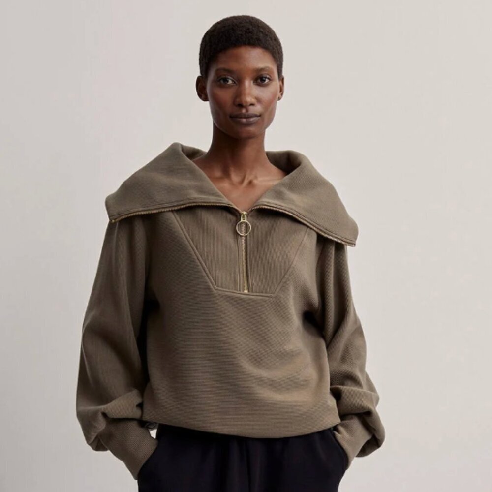 Varley Vine Half-Zip Slouchy Ribbed Ottoman Pullover Stone Brown Green, Large